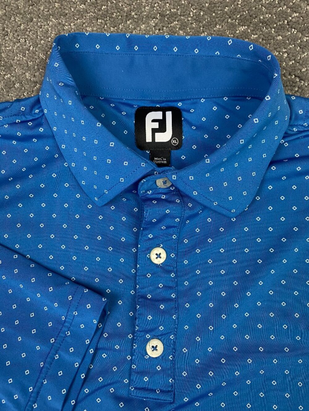 FootJoy Polo Shirt Mens XL Blue White Geometric All Over Print Golf Performance